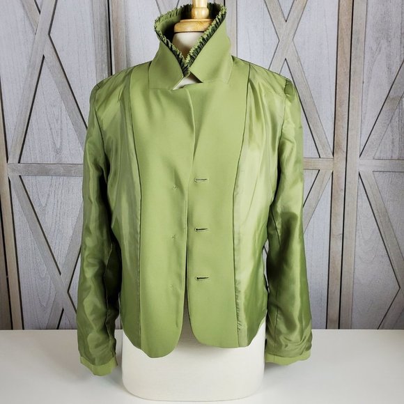 Tahari ASL Fully Lined Lime Green Ruffled Blazer With Small Front Pockets Sz 14 - Picture 5 of 9
